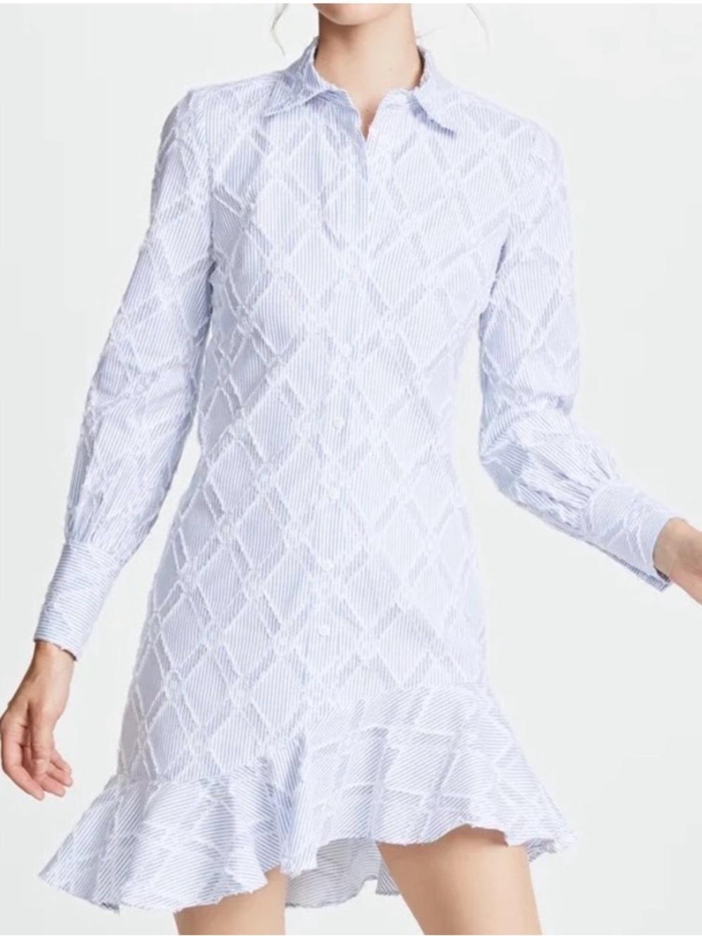 Derek Lam Light Blue Diamond-Textured Ruffle Shirt Dress asymmetrical hem